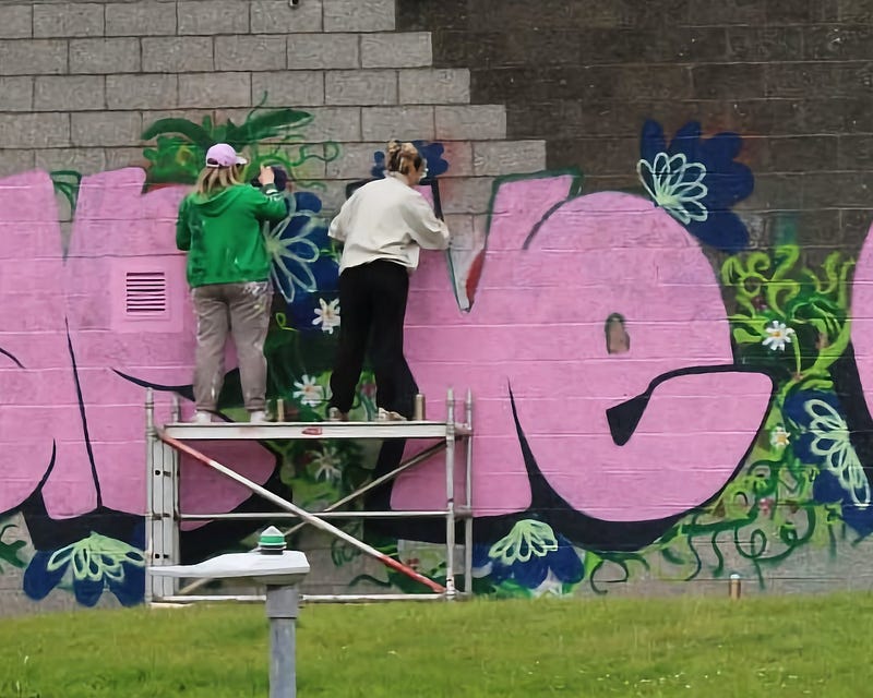 The Outlines Collective graffiti artists are captured in action, painting a large, vibrant pink piece with floral accents on a grey urban wall. They are standing on a scaffold: one is wearing a green hoodie and the other a white shirt. Their focus and creativity in enhancing the cityscape are evident, contributing to the urban art scene. The image is a snapshot of street art in progress, showcasing the artists’ contribution to public art.