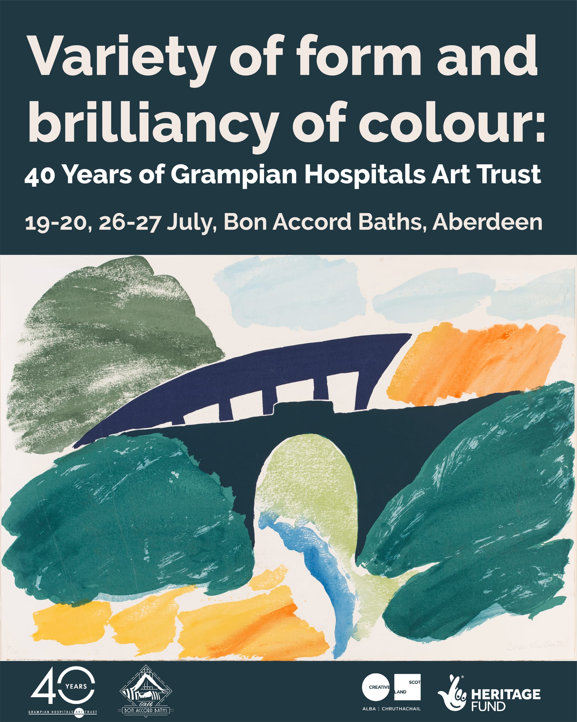 Poster for GHAT’s 40th anniversary show with abstract bridge artwork and event details in bold text.