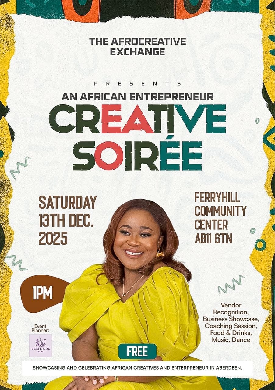 Poster for African Creative Community Soirée with colourful African pattern border