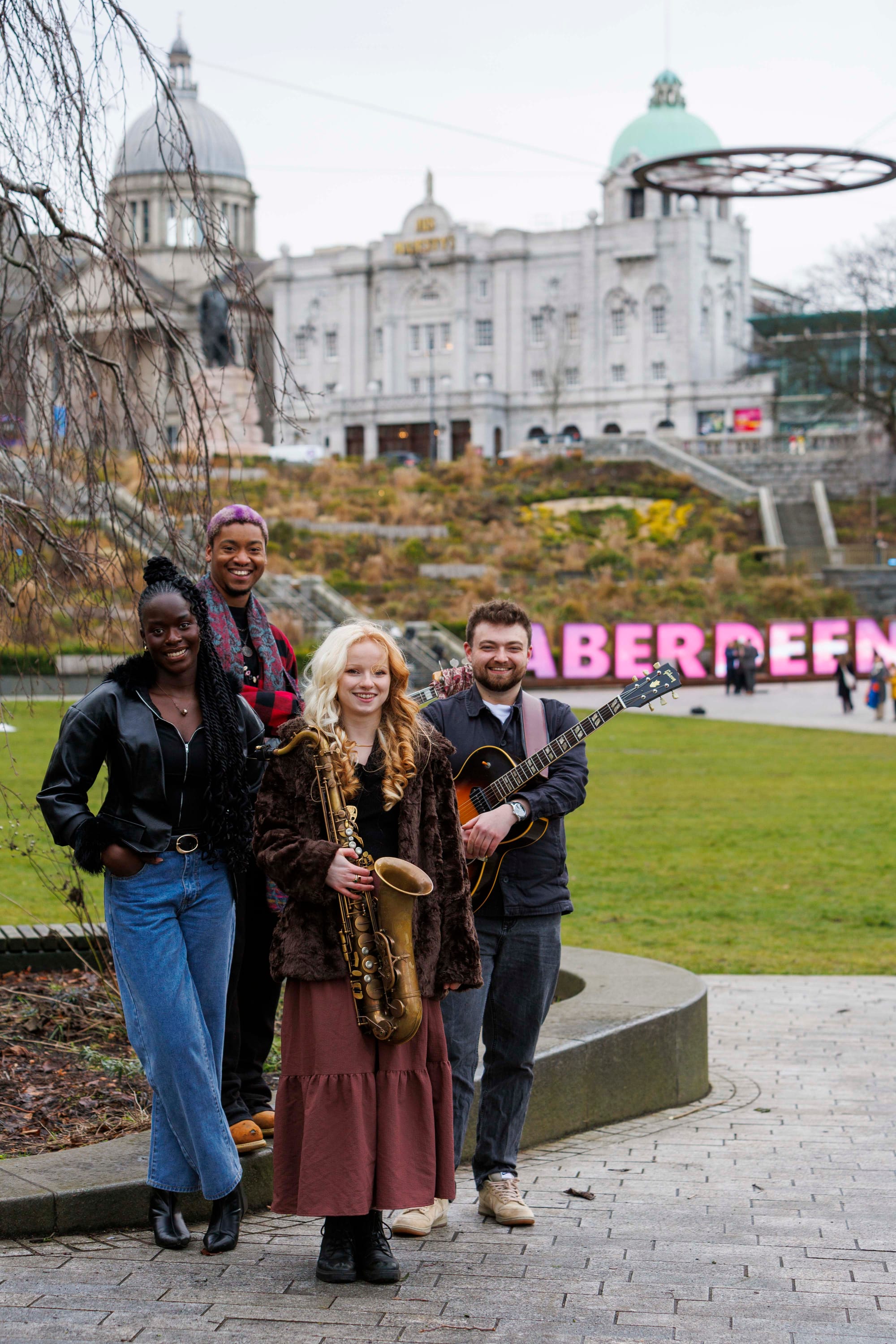 AiiTee, Nuna Mutikani, Kimberley Tessa and Sean Bissett in Union Terrace Gardens at the launch
