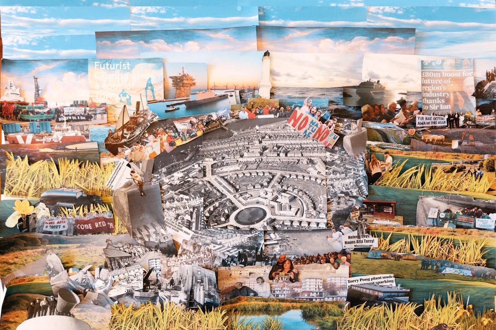 Collage of overlapping photographs showing Aberdeen landmarks, oil platforms, protests, aerial city views, ships, and grassy fields.