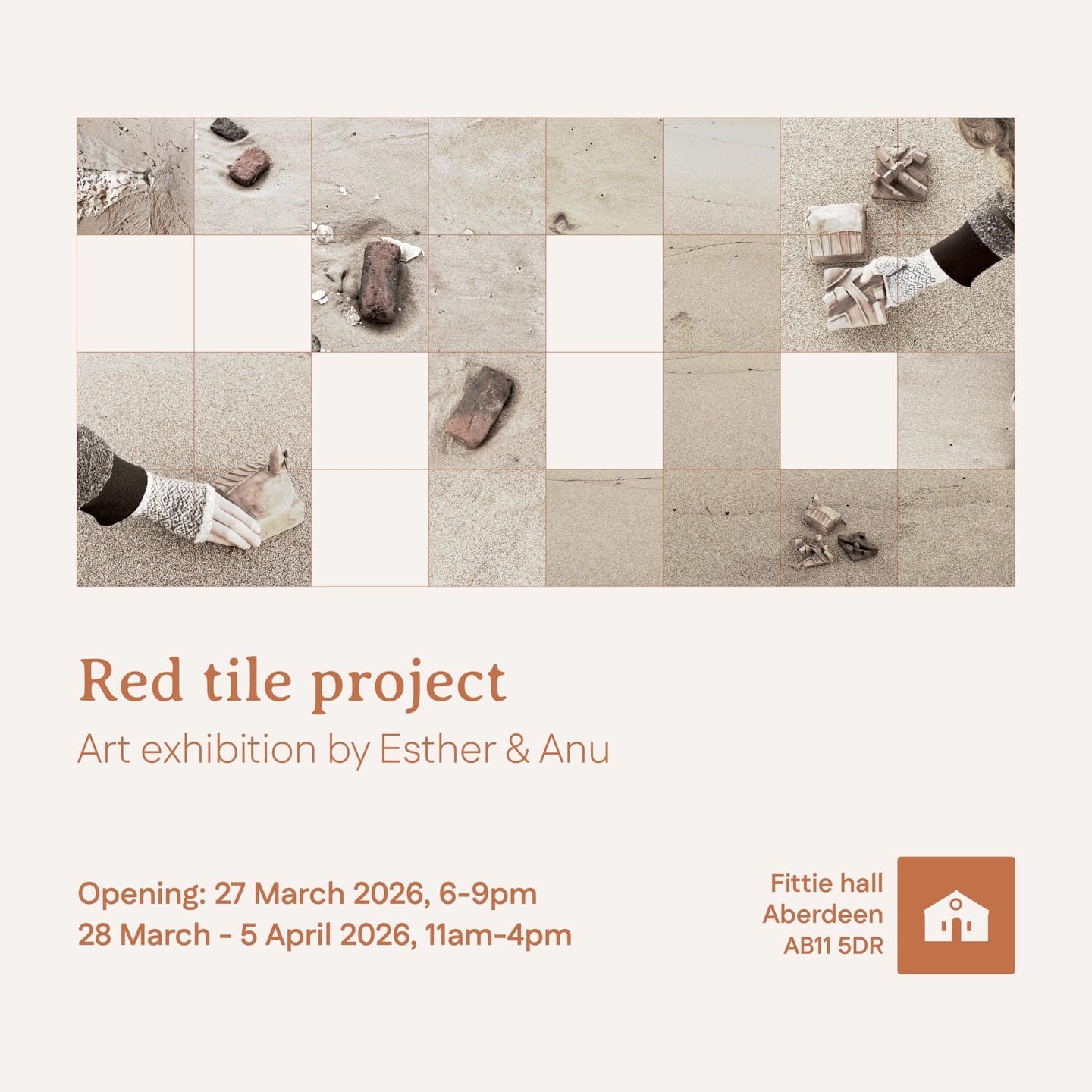 A grid of sand photographs with gloved hands holding fragments of red brick, some panels left blank.