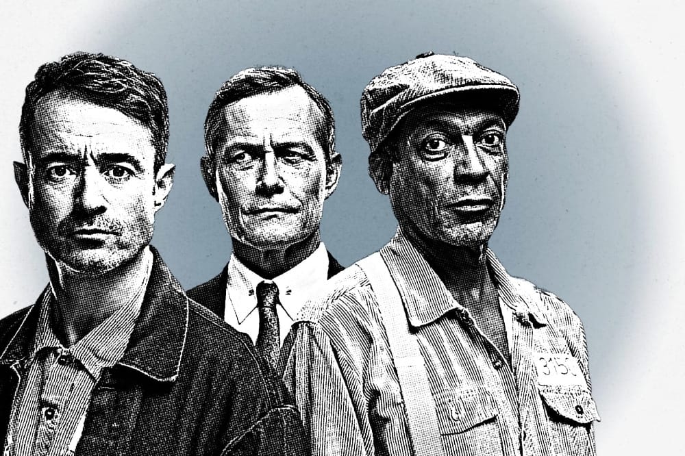 Three men in period prison clothing in a black and white promotional image.