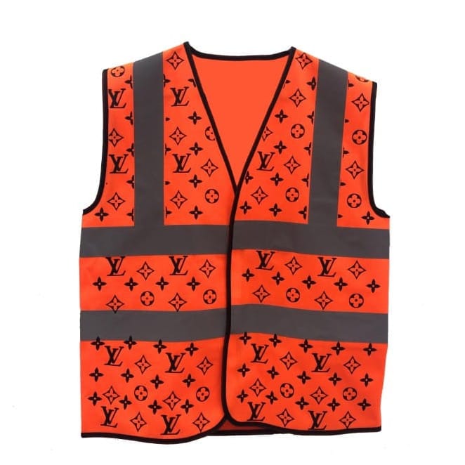 An orange high-visibility vest printed with Louis Vuitton monogram pattern.