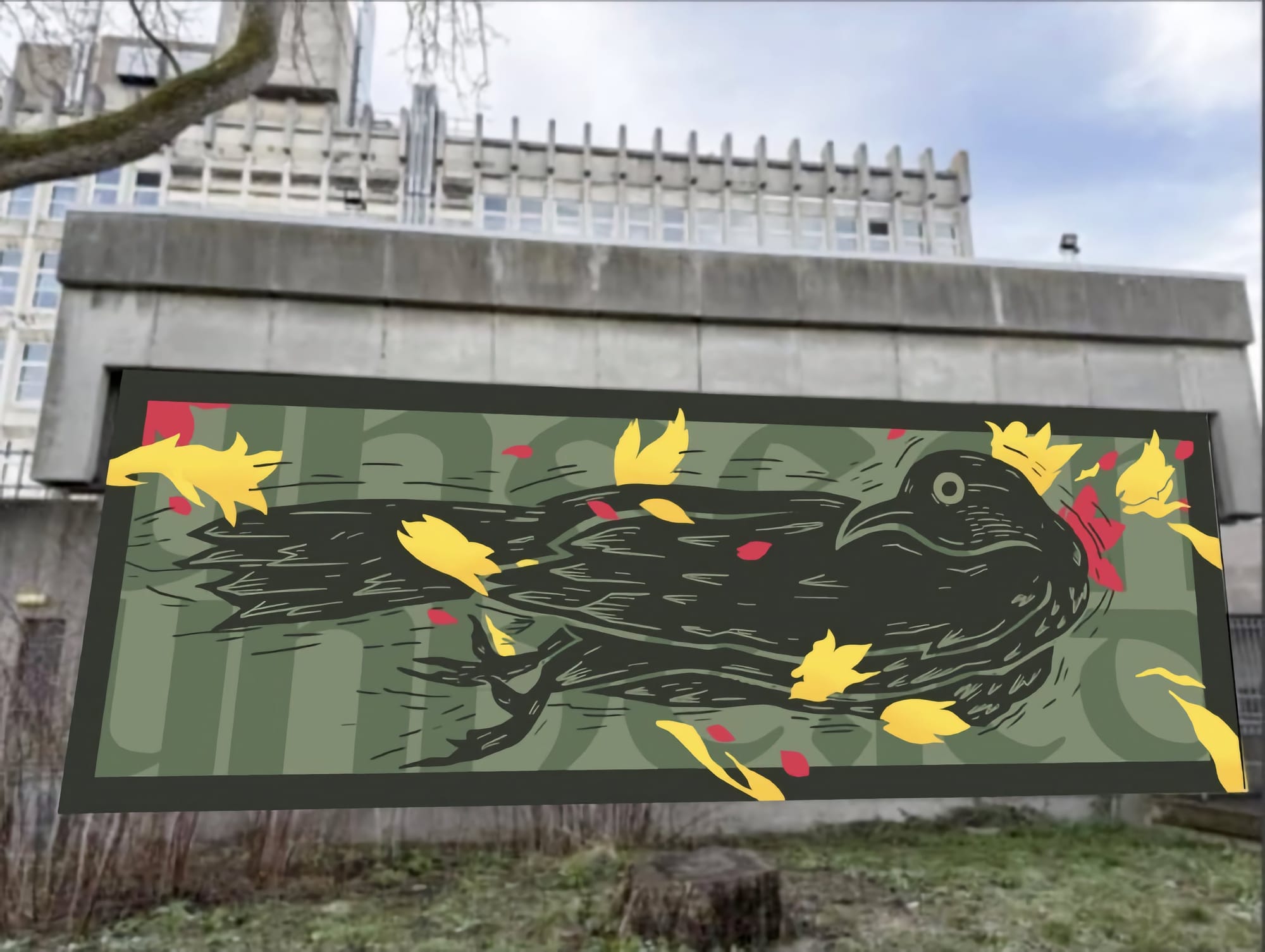 Mockup of KMG's blackbird mural on a wall at the University of Aberdeen