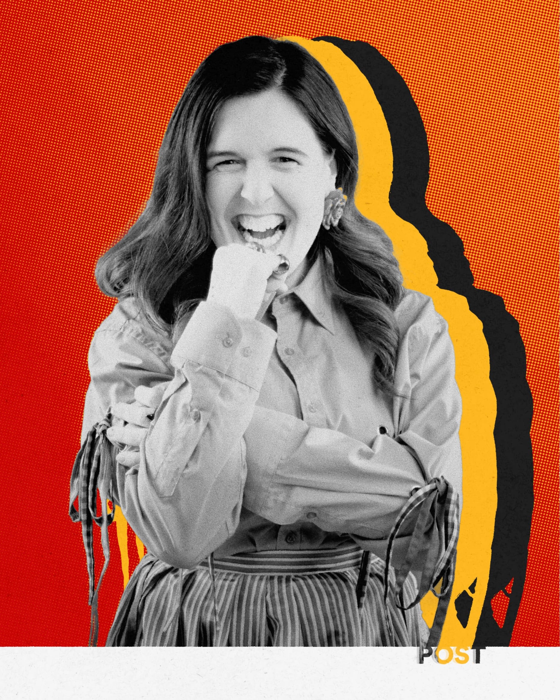Black-and-white photo of comedian Rosie Jones laughing with a raised fist, on a red background.