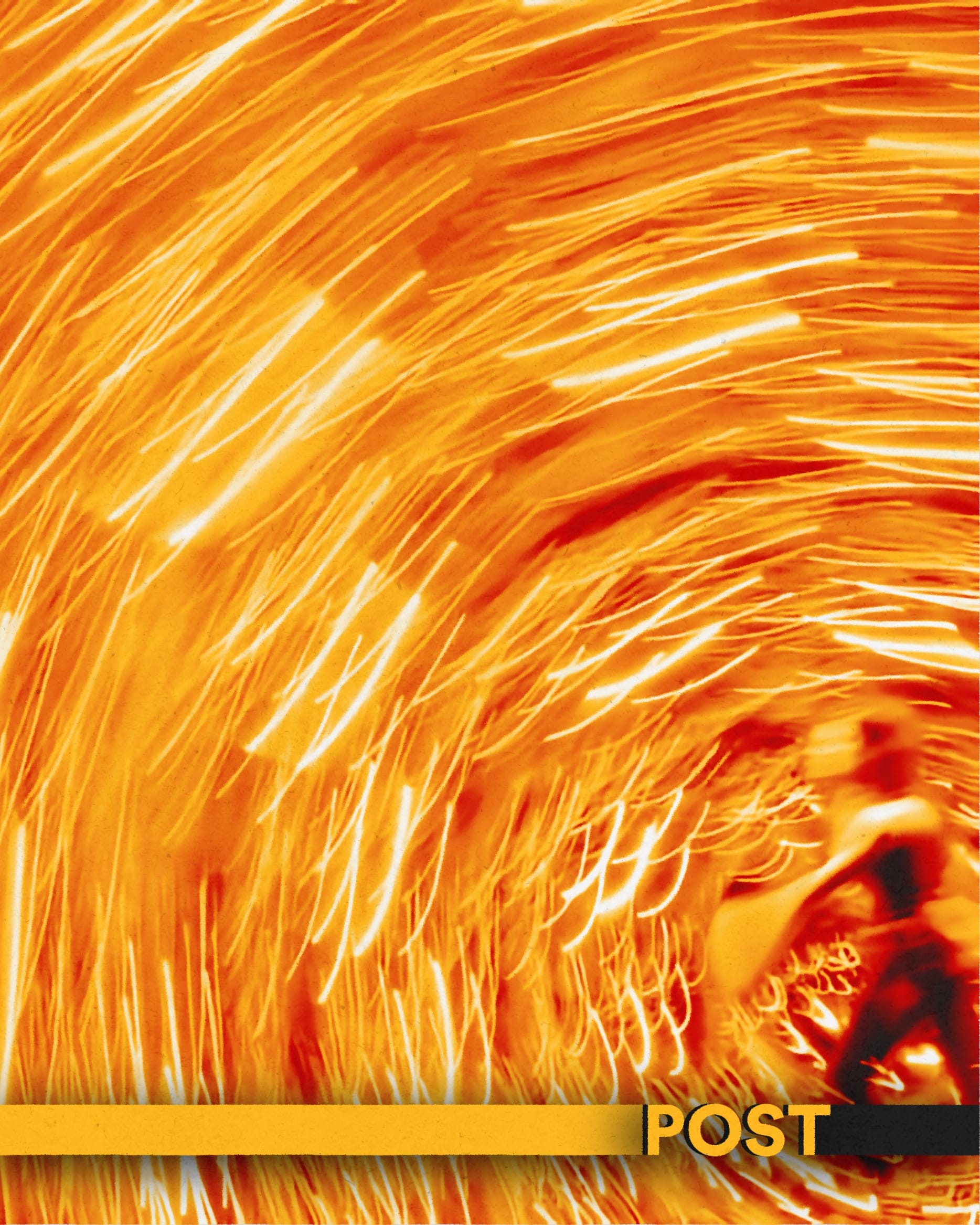 Abstract photo of orange and red light streaks, with a blurred woman at the bottom right.