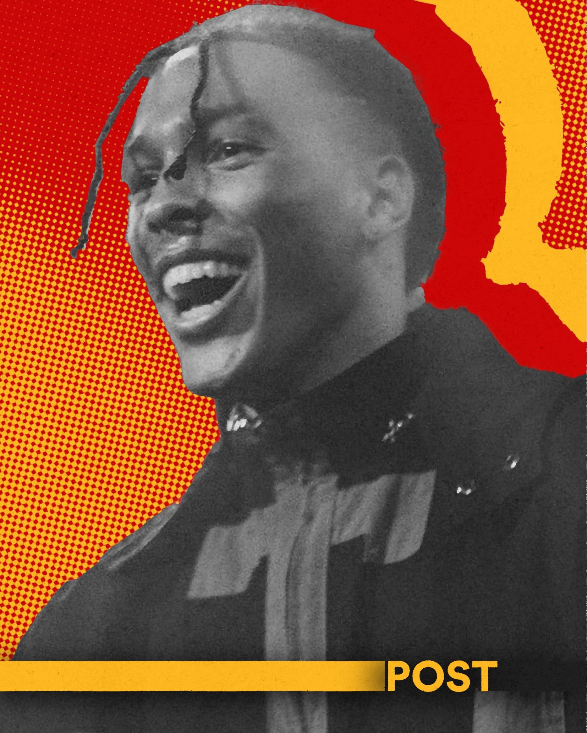 Black-and-white photo of Neero Noir laughing, a braid across the face, against a red backdrop.