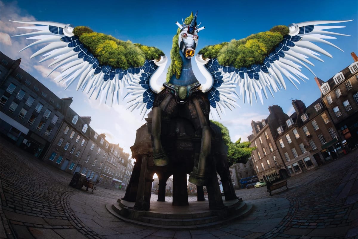 Digital artwork of Aberdeen’s Mercat Cross with a winged, robotic, tree-covered unicorn figure.
