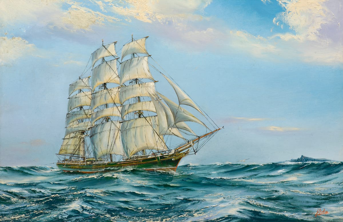 Painting of the clipper ship Thermopylae under full sail passing Cape Horn in rough seas.