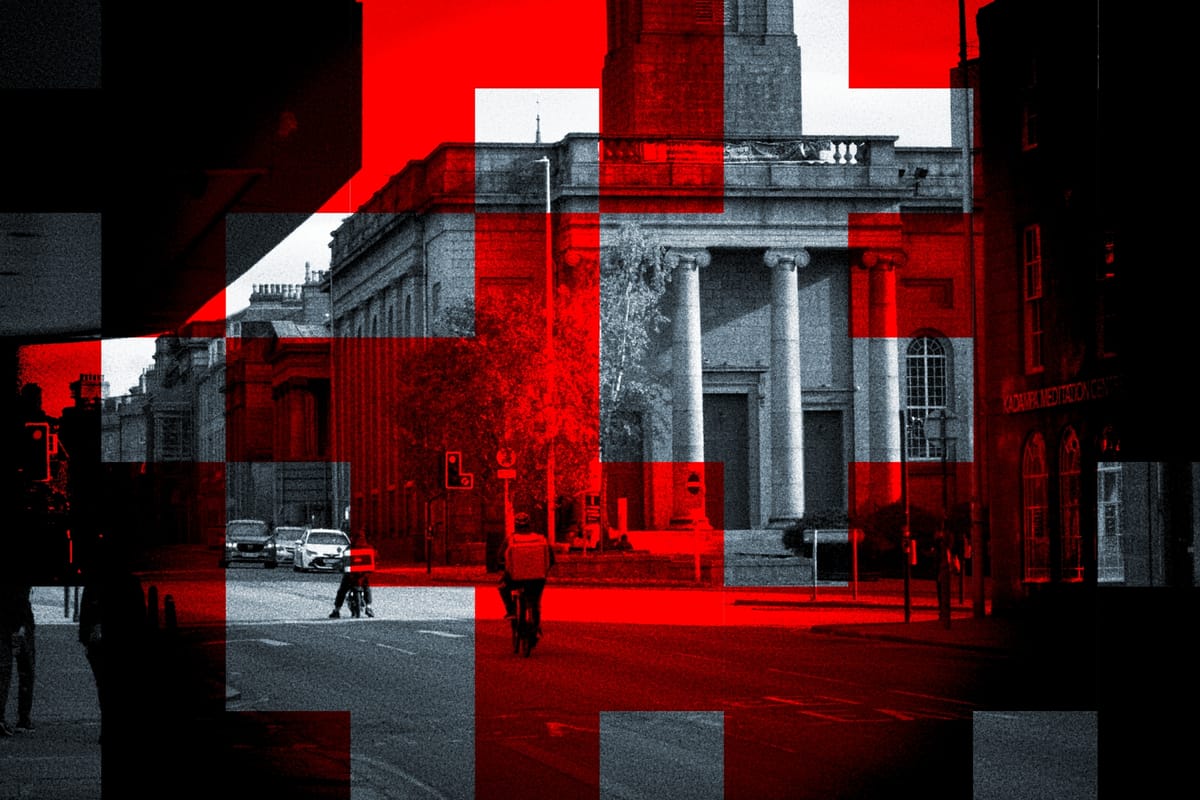 Aberdeen Arts Centre façade seen through red and black graphic blocks, creating a dramatic visual effect.