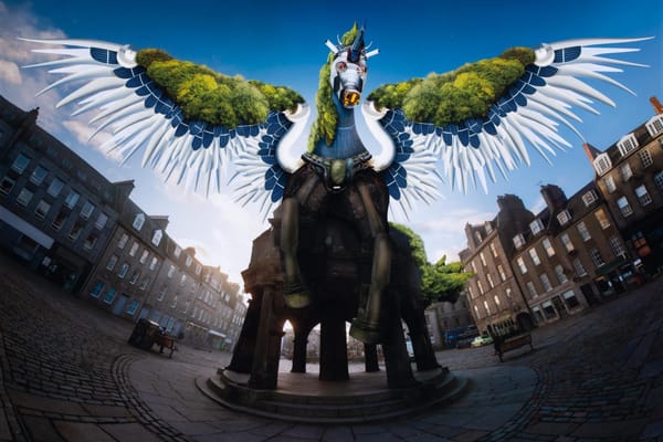 Digital artwork of Aberdeen’s Mercat Cross with a winged, robotic, tree-covered unicorn figure.