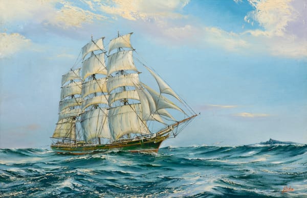 Painting of the clipper ship Thermopylae under full sail passing Cape Horn in rough seas.