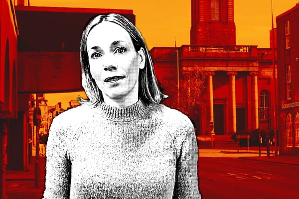 Laura Main in front of Aberdeen Arts Centre, shown in a graphic style image with warm red and orange tones.
