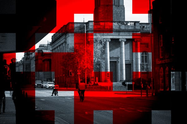 Aberdeen Arts Centre façade seen through red and black graphic blocks, creating a dramatic visual effect.