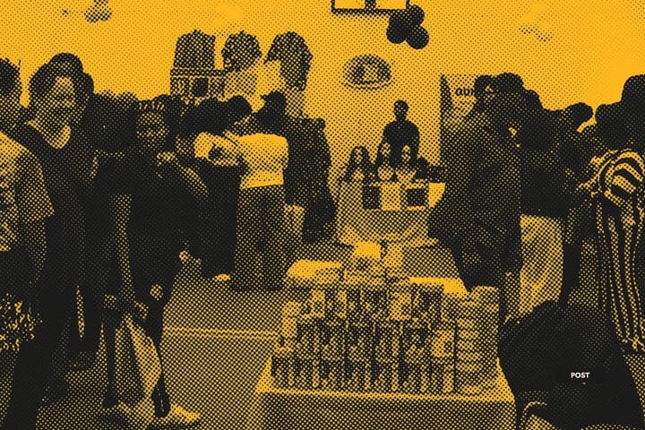 Halftone image of crowd at event in yellow and black