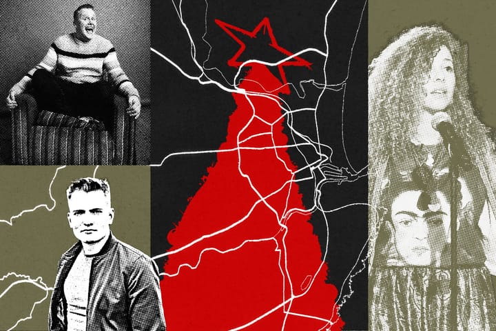 Collage with halftone portraits, red anatomical heart illustration and map outlines