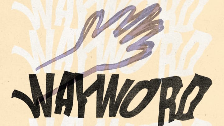 Logo featuring the word "WAYWORD" in bold black letters with a stylised purple hand illustration above it on a cream background with white geometric shapes.