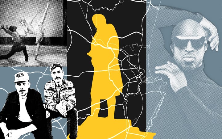 Collage featuring yellow silhouette on map with halftone portraits and figures in black, white, and blue tones.