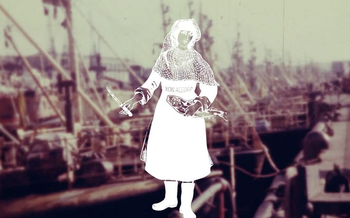 White fishwife figure holding fish skeleton and knife, 'BON ACCORD' banner, harbour background.
