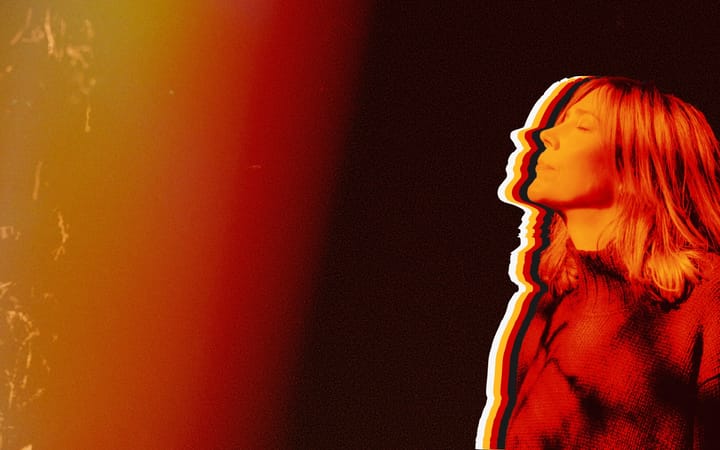 Beth Orton, eyes closed and face tilted upward, lit in red and amber with a layered outline effect.