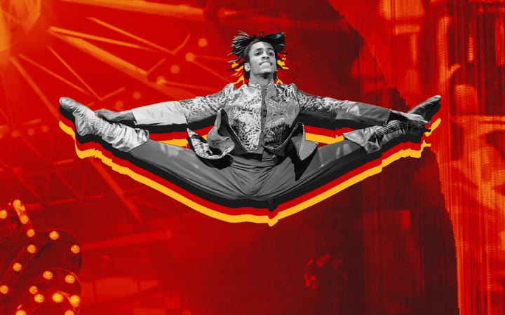 Photo collage of a Nutcracker in Havana dancer leaping in the splits against red stage lights.