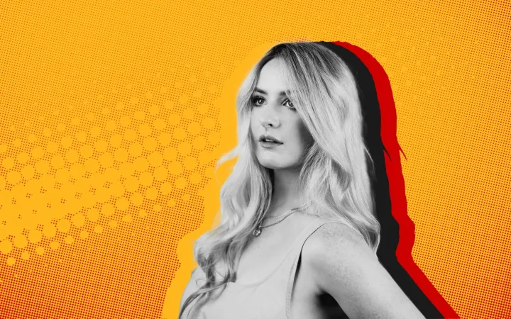 Sophia Wren in a black-and-white portrait against an orange halftone background.
